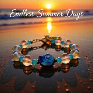 Beaded Beach Bracelet - Aqua & Yellow Shell + Seahorse Charm ~Beauty & The Beach
